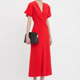 Victoria Beckham - Gathered V-Neck Midi Dress In Tomato