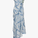 Victoria Beckham - Asymmetric Draped Midi Dress In Ice Blue Satin Flowers