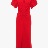 Victoria Beckham - Gathered V-Neck Midi Dress In Tomato