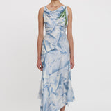 Victoria Beckham - Asymmetric Draped Midi Dress In Ice Blue Satin Flowers