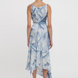 Victoria Beckham - Asymmetric Draped Midi Dress In Ice Blue Satin Flowers