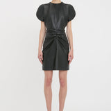 Victoria Beckham - Gathered Waist Mini Dress In Soft Black Leather