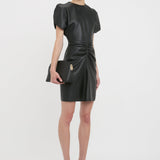 Victoria Beckham - Gathered Waist Mini Dress In Soft Black Leather