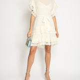 Zimmermann White Round Neck Tiered Midi Dress with Pleated Lace Trim Size 0 (UK 8)