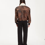 DUCIE - Mila Distressed Leather Bomber Jacket With Shearling Collar - Tobacco (W/S) £835