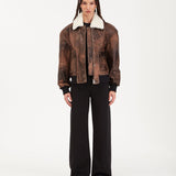 DUCIE - Mila Distressed Leather Bomber Jacket With Shearling Collar - Tobacco (W/S) £835