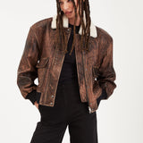 DUCIE - Mila Distressed Leather Bomber Jacket With Shearling Collar - Tobacco (W/S) £835