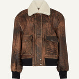 DUCIE - Mila Distressed Leather Bomber Jacket With Shearling Collar - Tobacco (W/S) £835