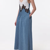 GABRIELA HEARST - Althea Lace Slip Maxi Dress in Light Blue Recycled Cotton Linen Denim