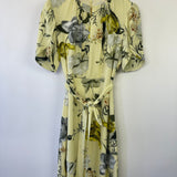 Erdem Yellow Floral Midi Dress with Bow Detail Size UK 10