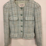 Chanel 1997 Vintage Baby Blue, Brown and White Tweed Jacket with CC Button Details Size FR 36 (UK 8)