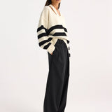 ROHE - Deconstructed cashmere knitted breton V-neck | Off white / black wide stripe