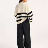 ROHE - Deconstructed cashmere knitted breton V-neck | Off white / black wide stripe