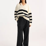 ROHE - Deconstructed cashmere knitted breton V-neck | Off white / black wide stripe