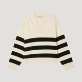 ROHE - Deconstructed cashmere knitted breton V-neck | Off white / black wide stripe