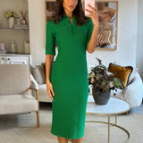 Safiyaa Green Knitted Midi Dress with Button Collar Detail Size S (UK 8)