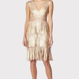 Herve Leger - V NECK FOIL FRINGED MIDI DRESS