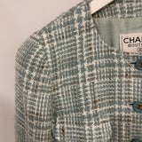 Chanel 1997 Vintage Baby Blue, Brown and White Tweed Jacket with CC Button Details Size FR 36 (UK 8)