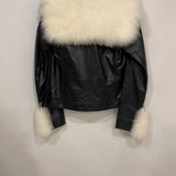 Chanel Black Leather Asymmetric Jacket with White Fur Details and Logo Buttons Detail Size FR 34 (UK 6)