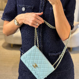 Chanel Baby Blue Quilted Trendy Wallet on Chain Bag in Lambskin Leather with Champagne Gold Hardware