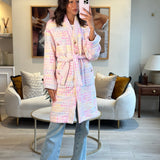 *SUPER HOT* Chanel Resort 2024 Pink & White Robe Coat with Belt & Multi-Coloured Chanel Logo Details Size FR 36 (UK 8)