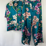 Olivia Von Halle Teal Floral Two-Piece Shirt and Trouser Set Size 2 (UK 10)