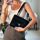 Chanel Black Matelasse Crumpled Calfskin Leather Flap Bag With Silver Hardware and Grosgrain Fabric Detailing