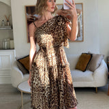 Dolce & Gabbana Brown Silk Leopard Asymmetric Tiered Midi Dress Size IT 44 (UK 12)