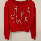 Chanel Red Cashmere Jumper with Pearl Crystal Embellished Logo Size FR 40 (UK 12)