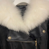 Chanel Black Leather Asymmetric Jacket with White Fur Details and Logo Buttons Detail Size FR 34 (UK 6)