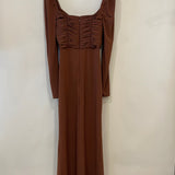 Self-Portrait Brown Ruched Midi Dress with Gold Low Cut Buckle Detail Size XS (UK 6)