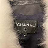 Chanel Black Leather Asymmetric Jacket with White Fur Details and Logo Buttons Detail Size FR 34 (UK 6)