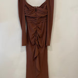 Self-Portrait Brown Ruched Midi Dress with Gold Low Cut Buckle Detail Size XS (UK 6)