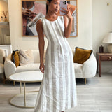 Loro Piana White Grey Stripe Linen Sleeveless Maxi Dress Size FR 42 ( UK 14)