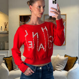 Chanel Red Cashmere Jumper with Pearl Crystal Embellished Logo Size FR 40 (UK 12)