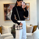 Chanel White Tweed Mini Rectangular Single Flap Bag with Black & White Details and Silver Hardware