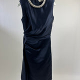 Alexander McQueen Navy Silk Midi Dress with Ruching and Silver Diamante Neck Detail Size IT 38 (UK 6)