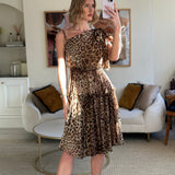 Dolce & Gabbana Brown Silk Leopard Asymmetric Tiered Midi Dress Size IT 44 (UK 12)