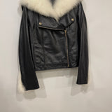 Chanel Black Leather Asymmetric Jacket with White Fur Details and Logo Buttons Detail Size FR 34 (UK 6)