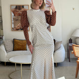 Rejina Pyo Cream, Brown Polka Dot Long-Sleeve Midi Dress Size UK 10