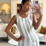 Loro Piana White Grey Stripe Linen Sleeveless Maxi Dress Size FR 42 ( UK 14)