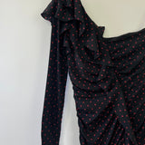 Veronica Beard Black and Red Polka Dot Silk Midi Dress with One Sleeve Size 2 (UK 6)