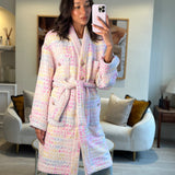 *SUPER HOT* Chanel Resort 2024 Pink & White Robe Coat with Belt & Multi-Coloured Chanel Logo Details Size FR 36 (UK 8)