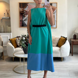 Roksanda Green, Blue Block Colour Midi Dress with Black Bow Detail Size UK 10