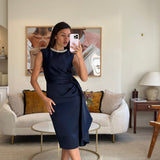 Alexander McQueen Navy Silk Midi Dress with Ruching and Silver Diamante Neck Detail Size IT 38 (UK 6)