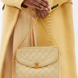 Chanel Vintage Beige Camera Flap Bag in Caviar Leather with Gold Hardware