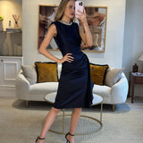 Alexander McQueen Navy Silk Midi Dress with Ruching and Silver Diamante Neck Detail Size IT 38 (UK 6)