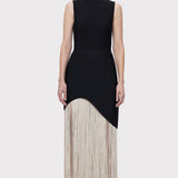 Herve Leger - CREW NECK S/L ASYMMETRIC HEM FRINGE GOWN