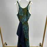 3.1 Philip Lim Navy and Green Back Cut-Out Midi Dress with Green Floral and Navy Pinstripe Detail Size 4 (UK 8)