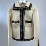 Chanel Cream Tweed Jacket with Brown, White ZigZag Trim Detail Size FR 38 (UK 10)